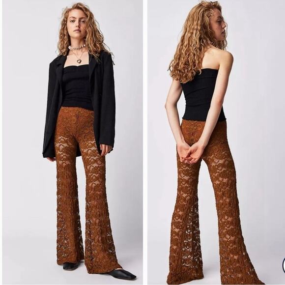 Nightcap Pants - Nightcap Dixie Bells French Lace Mocha XS Mid Rise Full Stretch Brown Lined